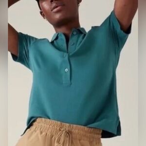 NWT Athleta Classic Pique Short Sleeves Polo Shirt Top w. Buttons - Teal - Sz XL